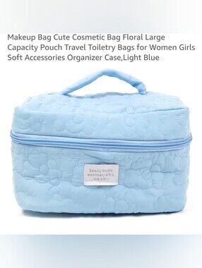 3/$20 Blue Quilted Large Capacity Cosmetic Makeup Travel Storage Bag Top Handle